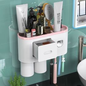 Toothbrush Holder Wall Mounted Automatic Toothpaste Dispenser Squeezer Kit (Color: Pink)